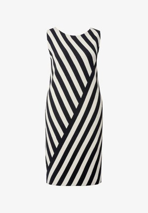 Ärmelloses Kleid mit diagonalen schwarz-weißen Streifen, knielangem Schnitt, glattem Stoff und rundem Ausschnitt.