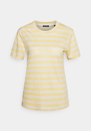 Camiseta de algodón de manga corta con rayas horizontales amarillas y blancas y cuello redondo.