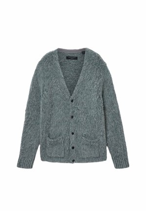 Grau gestrickte Strickjacke mit strukturierter Oberfläche, V-Ausschnitt, schwarzen Knöpfen und zwei vorderen Taschen. Weiches Material mit langen Ärmeln.