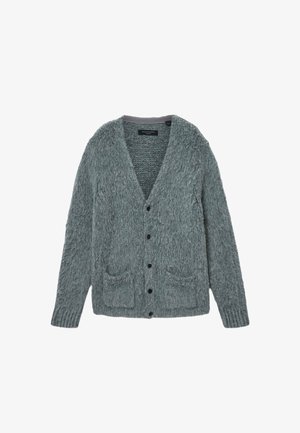 Grau gestrickte Strickjacke mit strukturierter Oberfläche, V-Ausschnitt, schwarzen Knöpfen und zwei vorderen Taschen. Weiches Material mit langen Ärmeln.