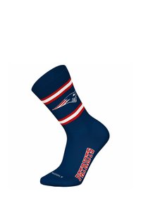 Marina strumpor med röda och vita ränder upptill, med en vit logotyp och ordet "PATRIOTS" i rött på sidan.