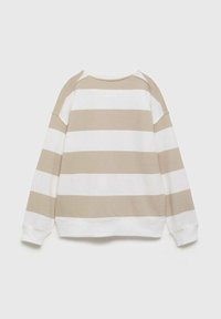 Felpa a righe con strisce orizzontali bianche e beige, collo rotondo, maniche lunghe e polsini e orlo a costine. Tessuto in cotone morbido, vestibilità comoda.