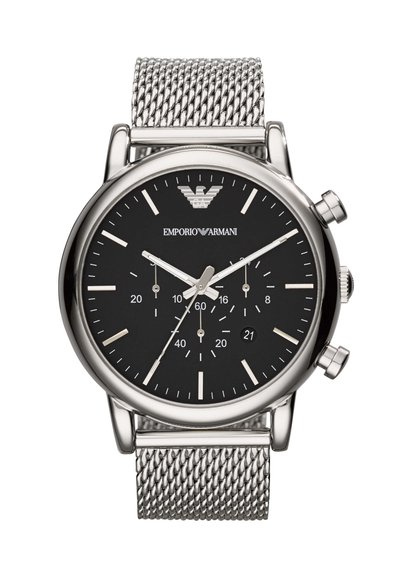 Emporio Armani Armbanduhr mit silbernem Mesh-Armband, schwarzem Zifferblatt, drei Hilfszifferblättern, Datumsfenster sowie silbernen Stundenmarkierungen und Zeigern.