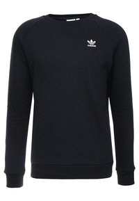 Svart sweatshirt i en bomullsblandning, med ribbade muddar och nederkant, rund halsringning och vit Adidas-logotyp på vänster bröst.