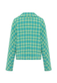 Kostkovaná bunda v modrozelené a limetkové barvě, vyrobená z texturované látky, s límečkem a dlouhými rukávy s cropped designem.