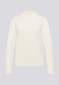 Cremefarbener Pullover mit hohem Kragen, langen Ärmeln und gerippten Bündchen sowie Saum. Hergestellt aus einem glatten, weichen Stoff mit leichtem Glanz.