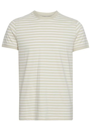 T-shirt rayé en tissu doux, avec de fines rayures horizontales blanches et beiges, à manches courtes et un col rond classique.
