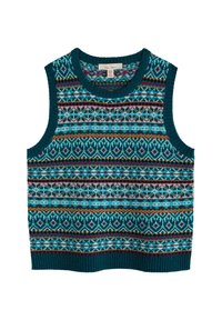 Maglione senza maniche in teal con intricate fantasie geometriche multicolori. Presenta un collo e un orlo a coste, realizzato in un materiale di maglia testurizzata.