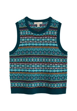 Mouwloze trui in teal met ingewikkelde multiculturele geometrische patronen. Heeft een geribde halslijn en zoom, gemaakt van gestructureerd breimateriaal.