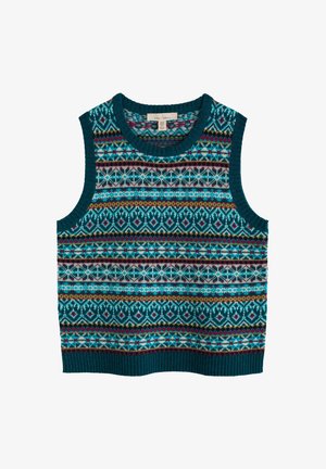 Brezzni pulover v teal barvi z zapletenimi večbarvnimi geometrijskimi vzorci. Ima rebrast ovratnik in rob, izdelan je iz strukturirane pletene tkanine.