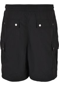 Shorts cargo noirs en tissu léger, dotés d'une taille élastique, de deux poches avant avec boutons-pression et d'une coupe décontractée.