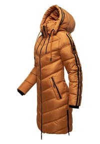 Long, padded hooded jacket in warm orange, featuring black accents and zippers, with a quilted texture and two side pockets.