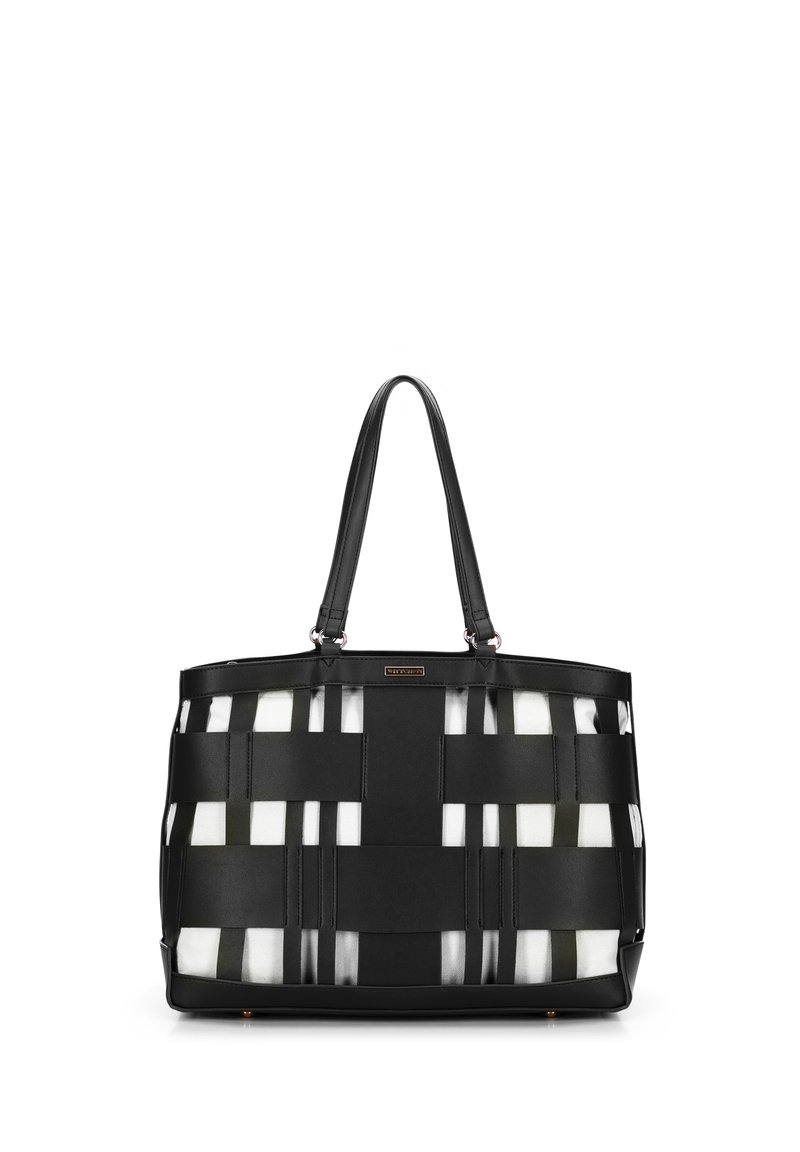 Sac fourre-tout tissé noir et blanc avec des poignées en cuir lisse, présentant une forme structurée et un motif en grille, rehaussé de quincaillerie métallique.