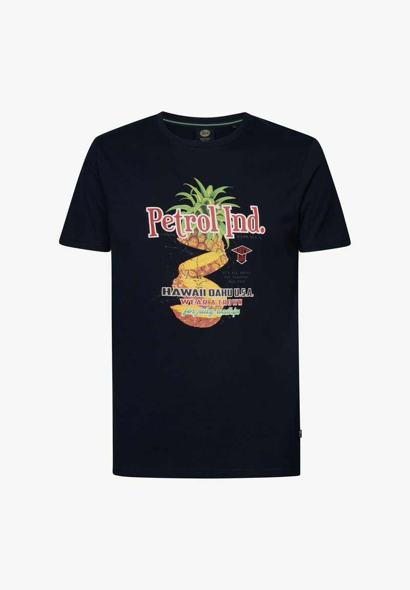 T-paidat sinisestä puuvillasta, jossa on graafinen design ananaksesta ja tekstit "Petrol Ind." sekä "Hawaii Oahu Yhdysvallat." elävin värein.