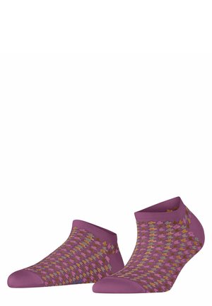 Knöchelsocken in Lila mit einem geometrischen Muster, das pinke, gelbe und braune Formen zeigt. Hergestellt aus dehnbarem, weichem Stoff für zusätzlichen Komfort.