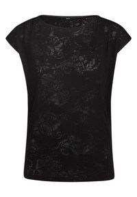 Top nero a maniche corte con un motivo floreale, realizzato in un tessuto leggero con una texture liscia e una vestibilità comoda.
