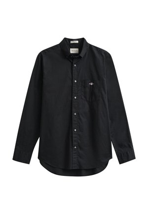 Cămașă neagră cu mâneci lungi, cu nasturi și buzunar la piept cu un logo mic brodat pe partea stângă.