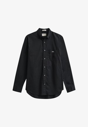 Cămașă neagră cu mâneci lungi, cu nasturi și buzunar la piept cu un logo mic brodat pe partea stângă.
