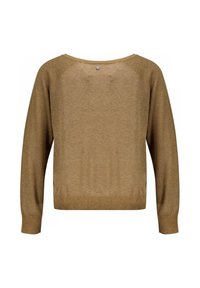 Bruine gebreide trui met een relaxte pasvorm, brede halslijn, lange mouwen en geribbelde zoom. Heeft een kleine zilveren accent vlakbij de hals aan de achterkant.