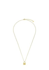 Delikat guldhalsband med en liten hänglåsberlock och justerbar låsning som har en liten hjärtformad charm.