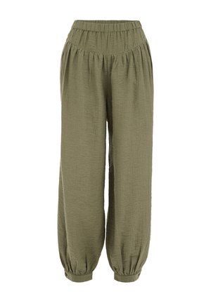 Pantalon ample vert olive avec taille élastique, tissu froncé en haut et poignets boutonnés aux chevilles.