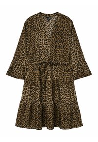 Robe à imprimé léopard avec de longues manches évasées, décolleté en V, taille ceinturée et ourlet à volants à trois niveaux. Fabriquée dans un tissu doux et texturé de couleur marron et noir.
