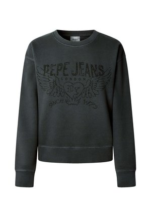 Felpa grigia scura con scollo a giro, caratterizzata da testo stampato nero e grafiche di ali. Polsini e orlo a costine, tessuto morbido.