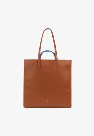 Borsa tote in pelle marrone con superficie liscia, dotata di lunghe maniglie blu, design minimalista e un piccolo logo sul davanti.