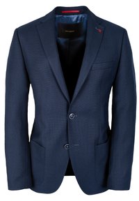 Marineblazer aus strukturiertem Stoff, mit zwei Knöpfen, Revers und zwei Fronttaschen. Gefüttert mit einem kontrastierenden blauen Material.