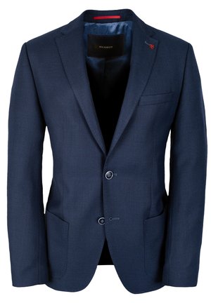 Marineblazer aus strukturiertem Stoff, mit zwei Knöpfen, Revers und zwei Fronttaschen. Gefüttert mit einem kontrastierenden blauen Material.