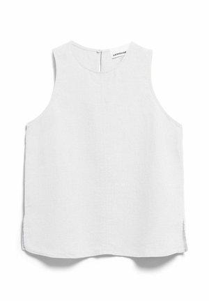 Ärmelloses weißes Leinenoberteil mit rundem Ausschnitt, Knopfverschluss am Rücken und kleinen seitlichen Schlitzen am Saum.