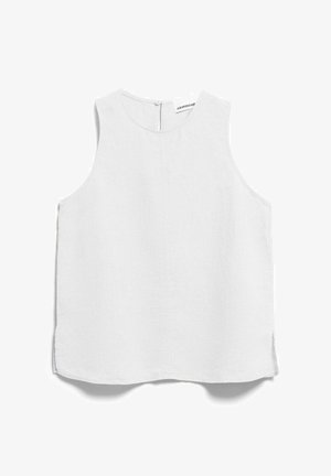 Ärmelloses weißes Leinenoberteil mit rundem Ausschnitt, Knopfverschluss am Rücken und kleinen seitlichen Schlitzen am Saum.