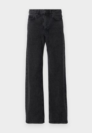 Mustad süsinikust denim püksid laia säärega, klassikalise viie tasku stiiliga, nööbiga sulgemine ja kerge pleekimine.