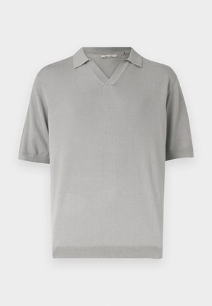 Light grey short-sleeve knit polo shirt with ribbed collar and hem, featuring a V-neck opening.