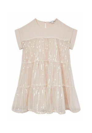 Korte beige jurk met korte mouwen, gelaagde rok en glinsterende pailletten op de roklagen.