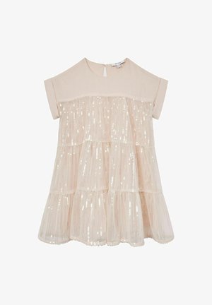 Vestido corto beige con mangas cortas, falda de capas y lentejuelas brillantes en las capas de la falda.