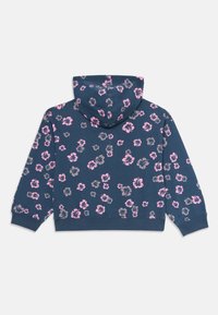 Sweatshirt azul marinho com mangas longas, punhos canelados e um padrão de flores de hibisco em rosa e cinza por toda a parte.