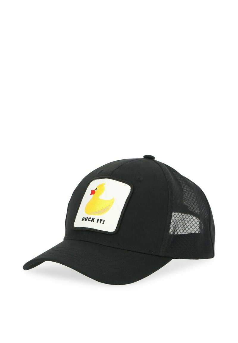 Casquette noire avec des côtés en maille, présentant un patch carré avec un canard jaune et le texte "DUCK IT!" en noir, à l'avant.