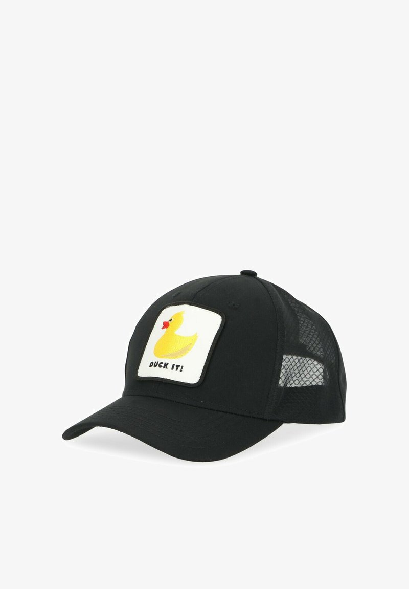 Black cap with mesh sides, featuring a square patch of a yellow duck and the text "DUCK IT!" in black, on the front.