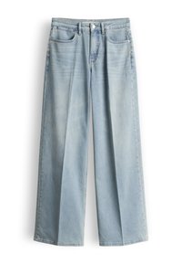 Hellblaue Jeans mit weitem Bein, hohem Bund, vorderer Knopf- und Reißverschluss sowie Fünf-Taschen-Design.