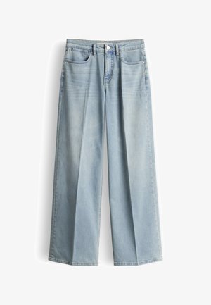 Hellblaue Jeans mit weitem Bein, hohem Bund, vorderer Knopf- und Reißverschluss sowie Fünf-Taschen-Design.