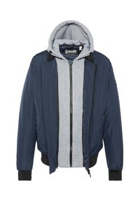Marineblaue Bomberjacke mit grauer Fleece-Innenschicht und Kapuze. Verfügt über einen Frontreißverschluss, gerippte Bündchen und seitliche Taschen. Weiches, strukturiertes Material.