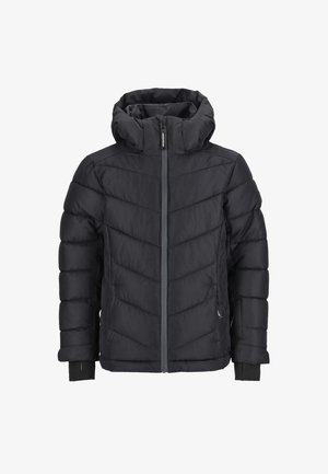 Schwarze Daunenjacke mit Kapuze, ausgestattet mit einem Reißverschluss vorne, einem Zickzack-Steppmuster und elastischen Bündchen. Hergestellt aus einem strapazierfähigen, strukturierten Stoff.