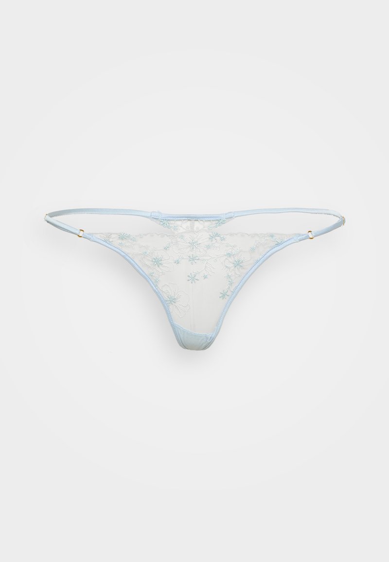 String in pizzo con dettagli in azzurro chiaro, caratterizzato da ricami floreali, rete trasparente e spalline regolabili con finiture dorate.