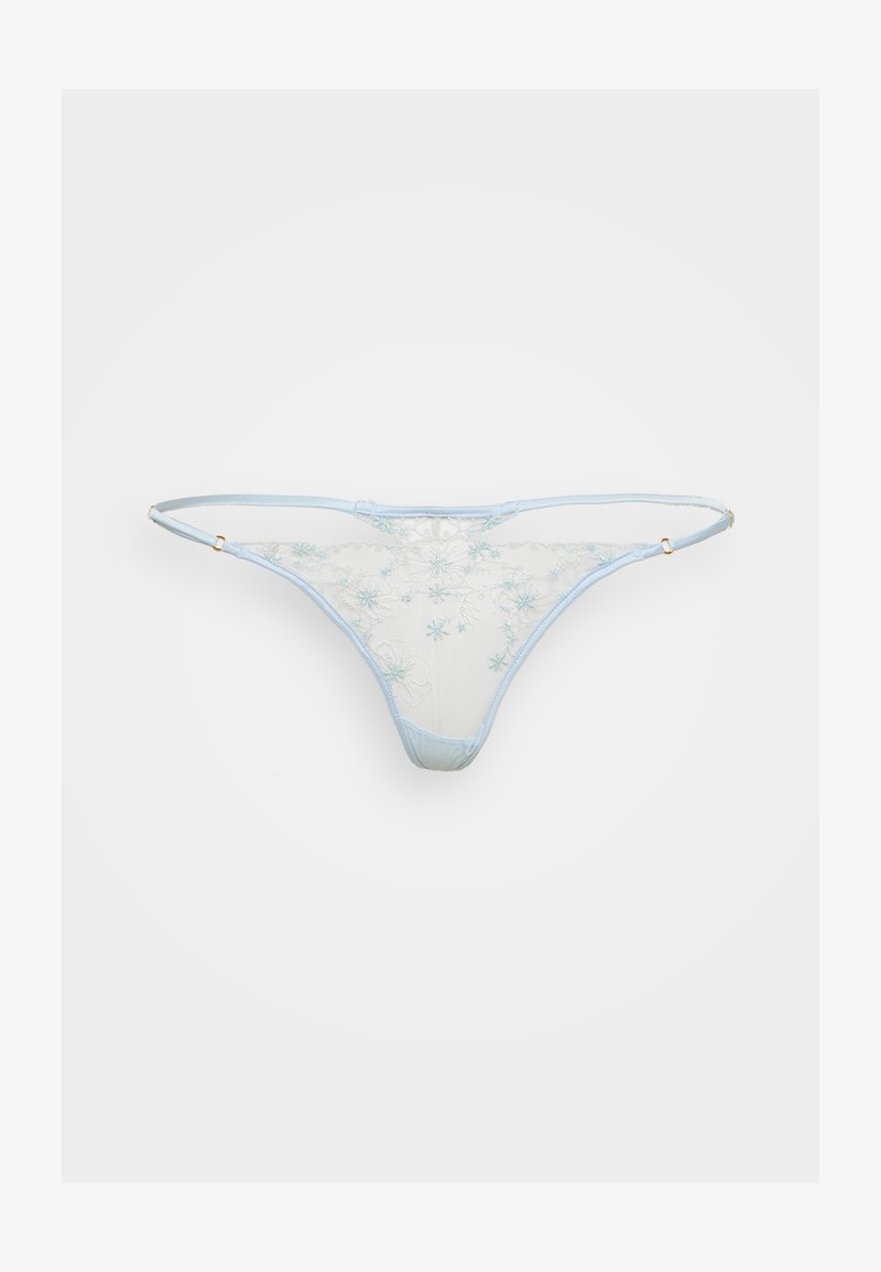 Kantstring met lichtblauwe accenten, voorzien van bloemengestikt, transparant gaas en verstelbare bandjes met gouden hardware.