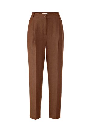 Pantaloni marroni in lino, con chiusura a bottone, pieghe e design dritto. Tessuto liscio con vestibilità sartoriale.