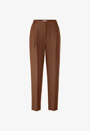 Braune Leinenhose mit einem Knopfverschluss, Falten und geradem Bein. Glatte Textur mit taillierter Passform.
