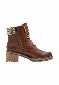 Bottines en cuir marron avec un talon bloc, ornées de lacets décoratifs, d'une fermeture éclair sur le côté et d'un accent en tissu texturé en haut.