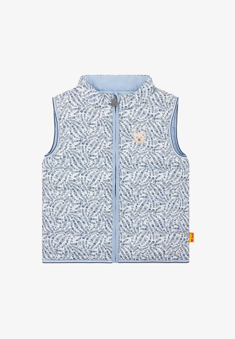 Gilet blu con motivo floreale, dal tessuto morbido, dotato di chiusura con zip e una toppa a forma di orso sulla parte anteriore, foderato con tessuto azzurro chiaro.