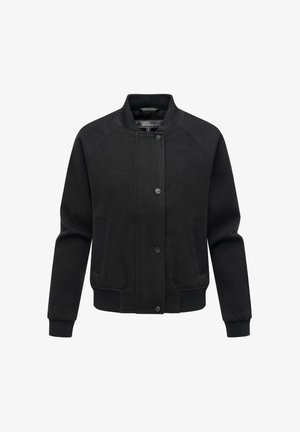 Svart bomberjakke med ribbet krage, trykknap-lukking og sidelommer. Har teksturert stoff og en avslappet passform.